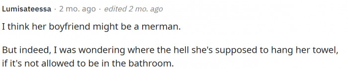 People started calling her husband a merman, and they're also stumped on where a safe place to put her towel would be.