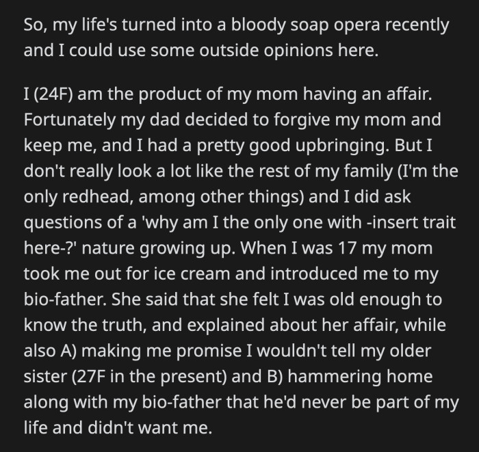 OP was shocked to find out that the older man her sister is dating is OP's biological father