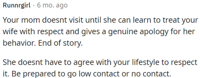 OP's mother must show respect and offer a sincere apology to his wife before any visits can occur.