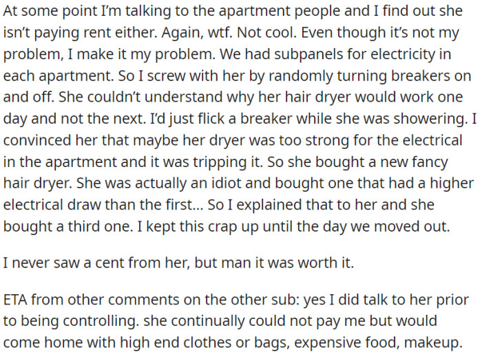 OP discovered her roommate wasn't paying her rent but was spending lavishly on other things.
