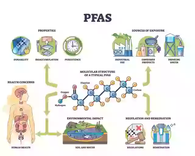 A diagram illustrates PFAS exposure sources, related health risks, and environmental effects.