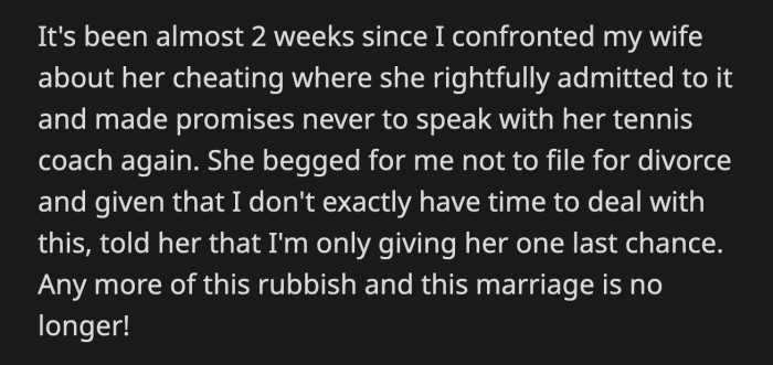 He and his wife gave their marriage another try. One fateful week, OP went home a day earlier than scheduled with a bouquet of flowers to surprise his wife.
