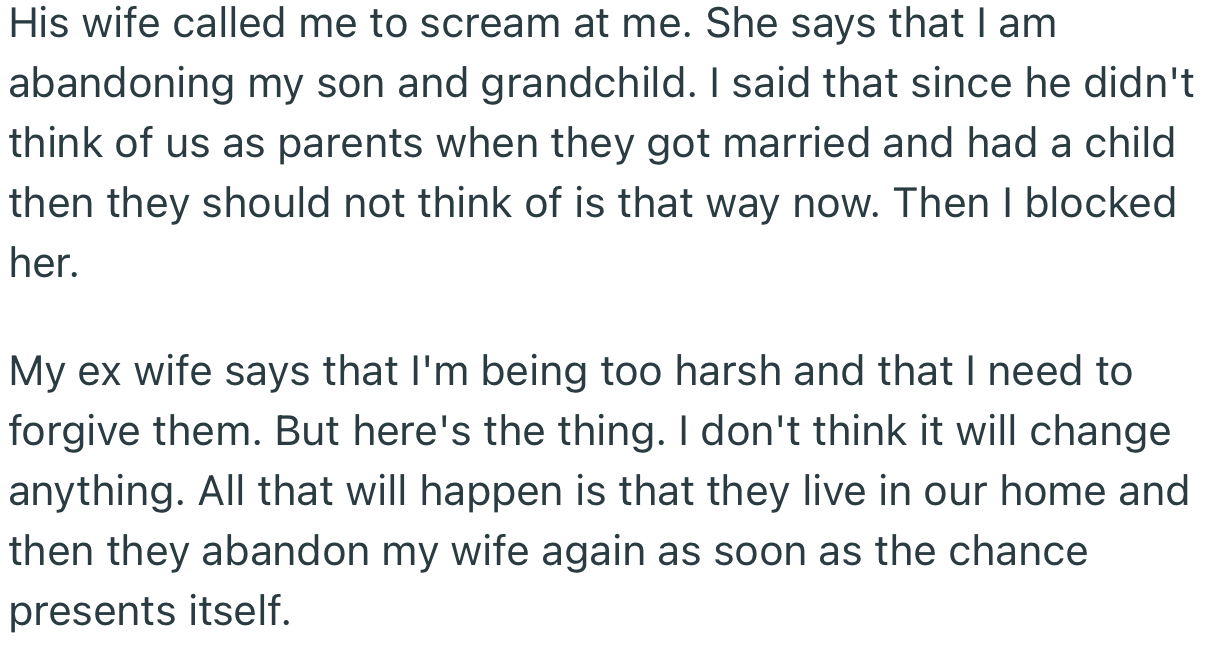 Despite the pressure to assist his son, OP stood firm on his decision. After all, he’ll just abandon them again when he gets back on his feet