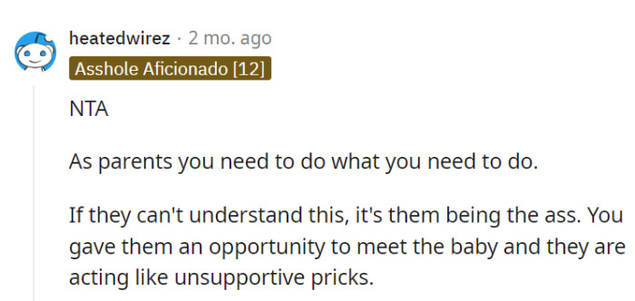 Parenthood comes with its own rules, and their offer to meet the baby was fair.