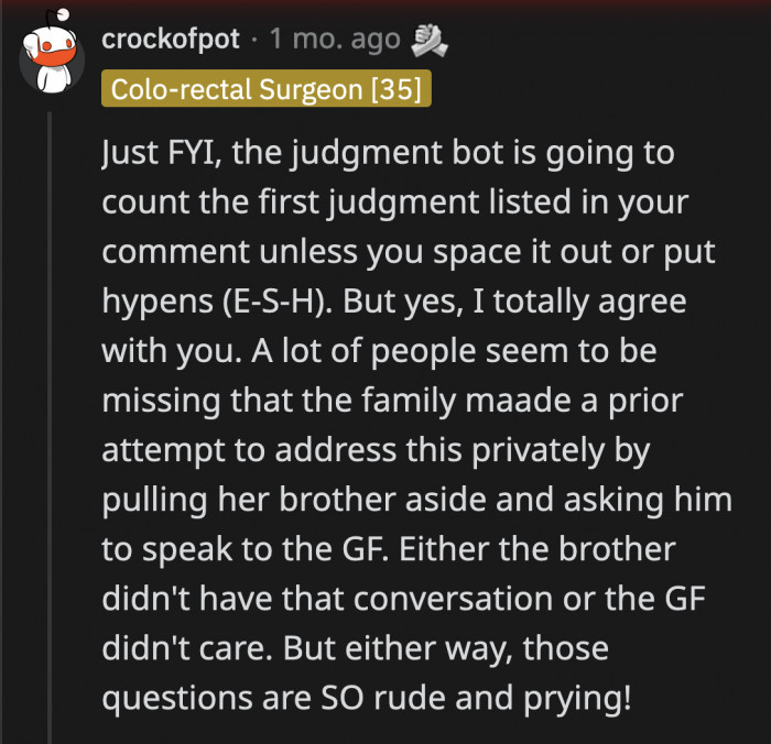 Being called out for her inappropriate line of questioning was simply a consequence of her intrusive questions