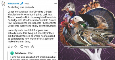 Redditors Discuss About The "Rôti Sans Pareil" Which Is 17 Birds Stuffed Inside Each Other Like Russian Nesting Dolls And It Is Delicious