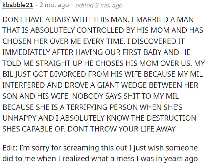 OP needs to refrain from having offspring with the individual in question.