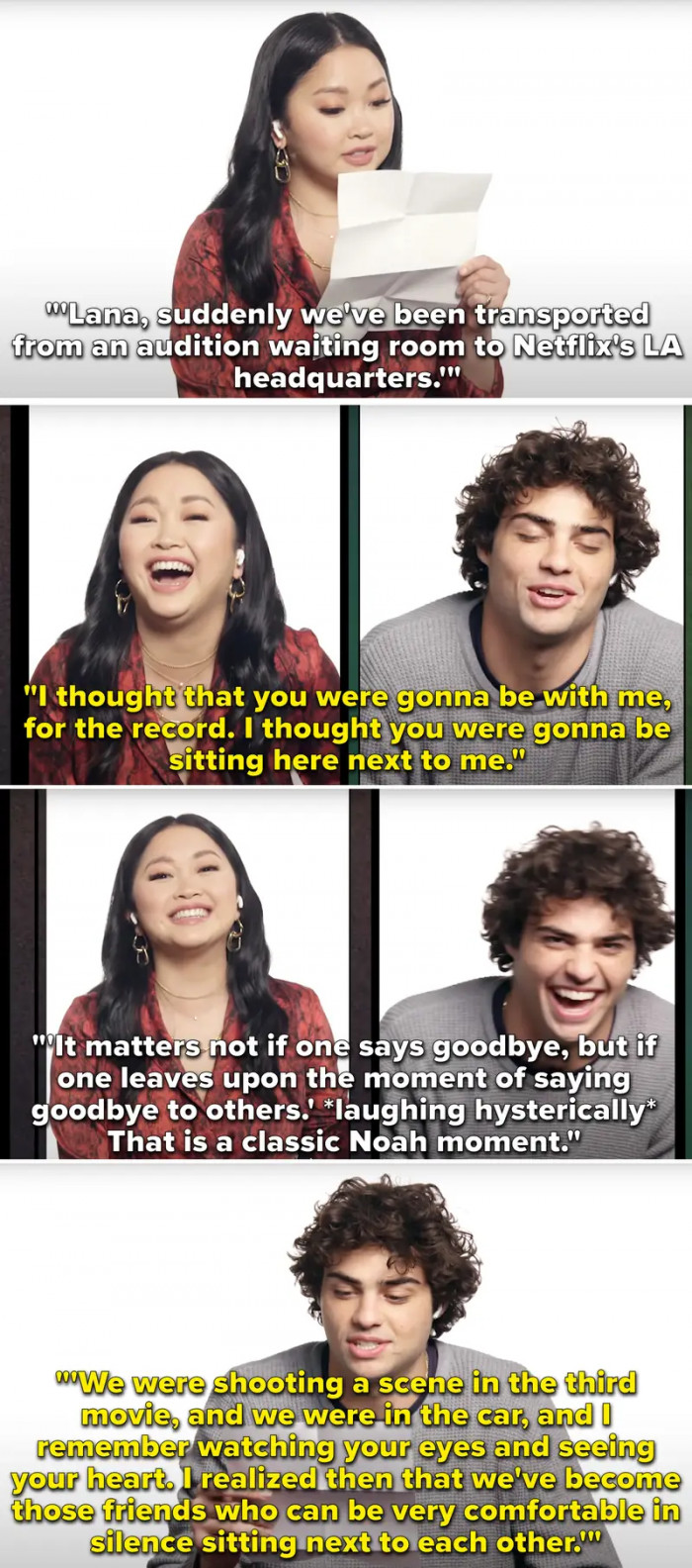 16. When Noah Centineo and Lana Condor wrote each other goodbye letters in honor of their last To All the Boys film.