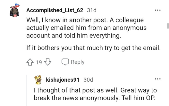 This Redditor is suggesting that the OP should email him from an anonymous account