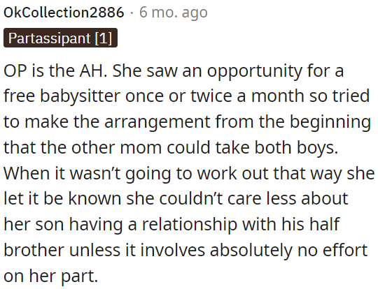 OP was only interested in her son having a relationship with his half-brother if it required no effort from her.