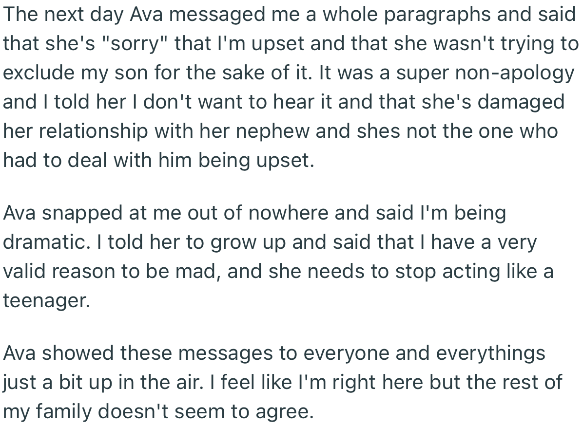 The next day, Ava sent a text message to clarify things and apologize. But it ended up escalating into another argument between the two