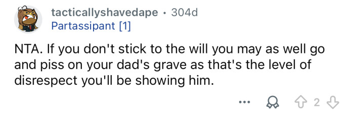 It would be disrespectful to go against the will.