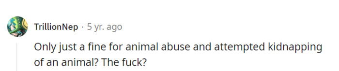 A fine for animal abuse and attempted petnapping? Quite the 