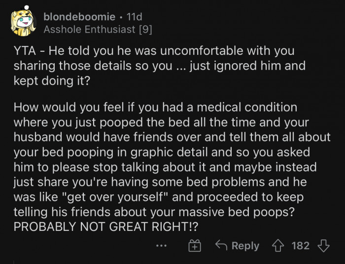 OP should just put herself in her husband's shoes and try to imagine how it would feel.