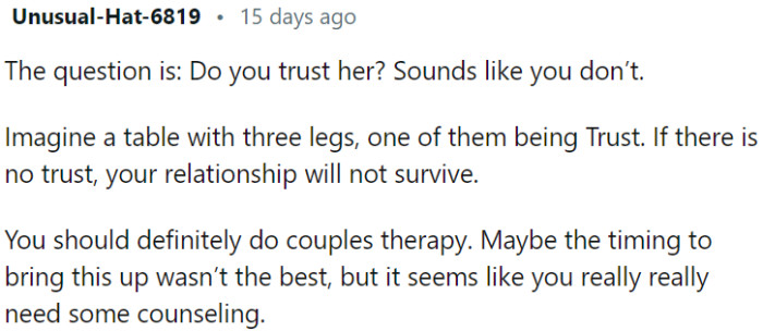 Lack of trust is a significant issue in the relationship.