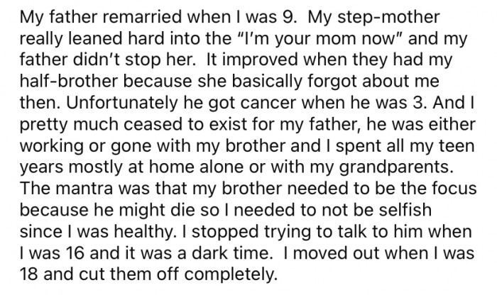 The OP says that when she was nine, her father remarried. Her new stepmother tried to force OP to see her as her mother, and her dad didn't try to stop her.