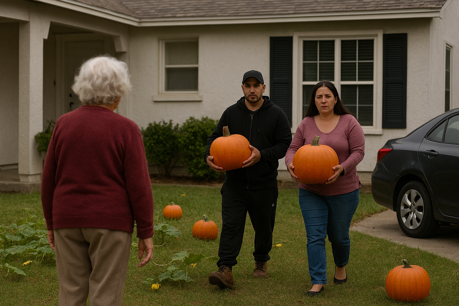 The neighbor spotted a man and woman picking the pumpkins right out of her yard.