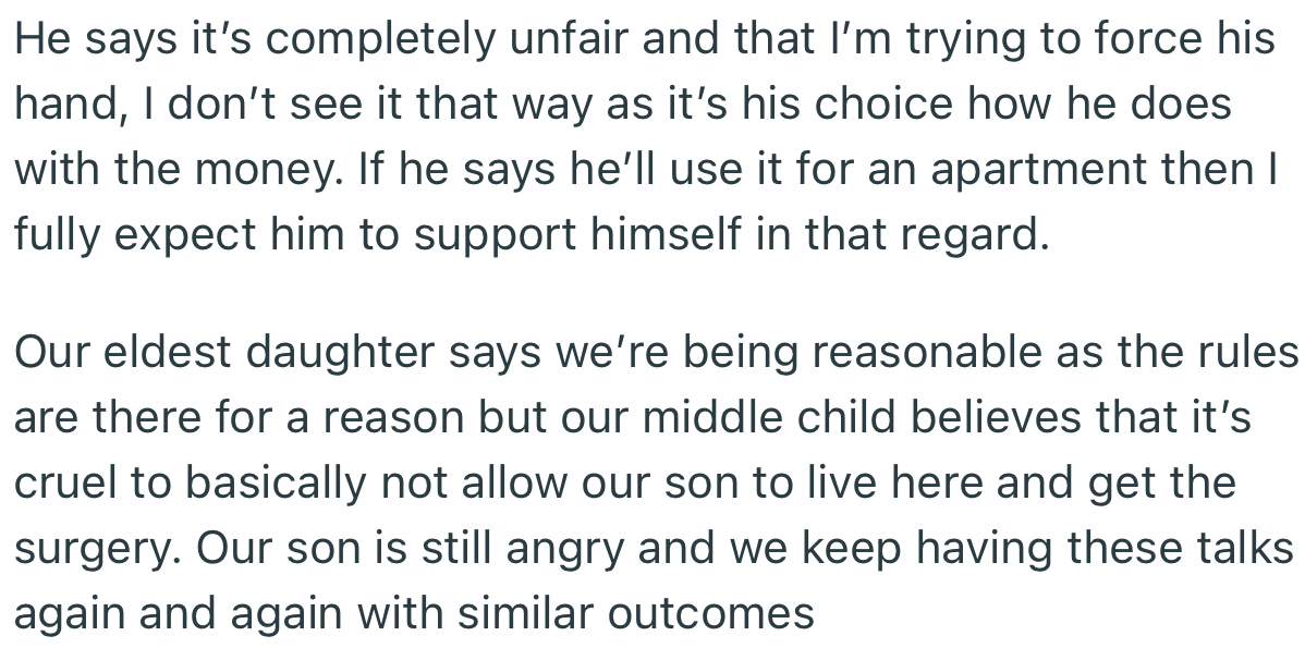 OP's decision has split the family across different lines, with some supporting him while others support his son.