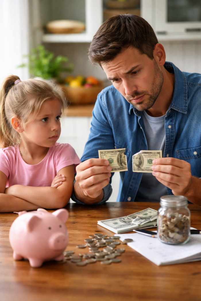After some hesitation, the little girl pulled out a $10 bill and ripped it clean in half.