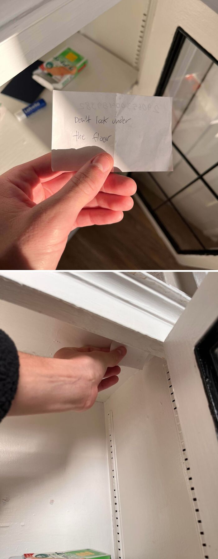 'Found This Note Taped Under A Panel In This Storage Cabinet, Previous Owner Just Trolling Me?'