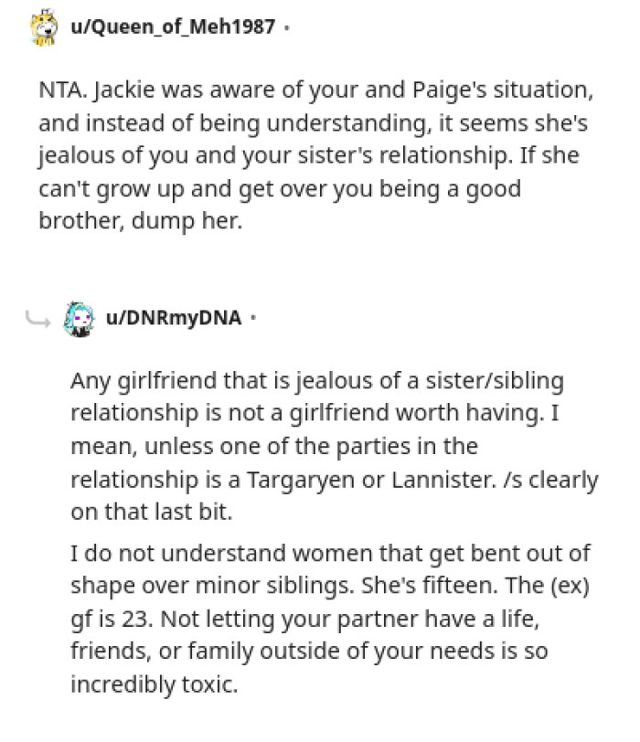 She can't get over the OP being a good brother