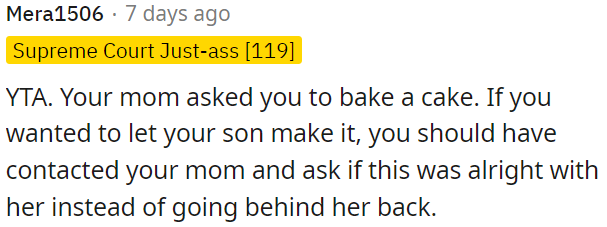 OP should have asked her mom before letting her son bake the cake.