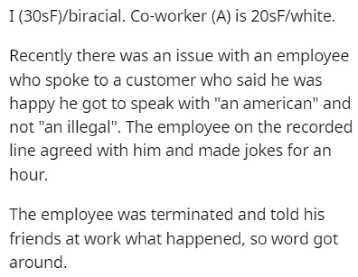 There was an issue recently with an employee being racist at OP's workplace