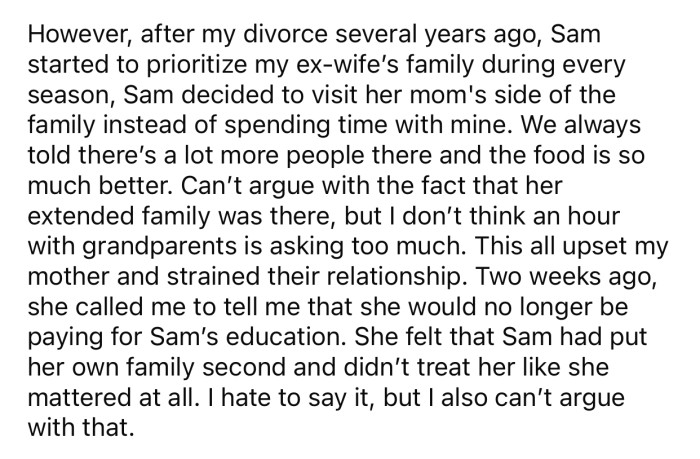 OP's daughter prefers spending time with her mom's side of the family and neglects her dad's.