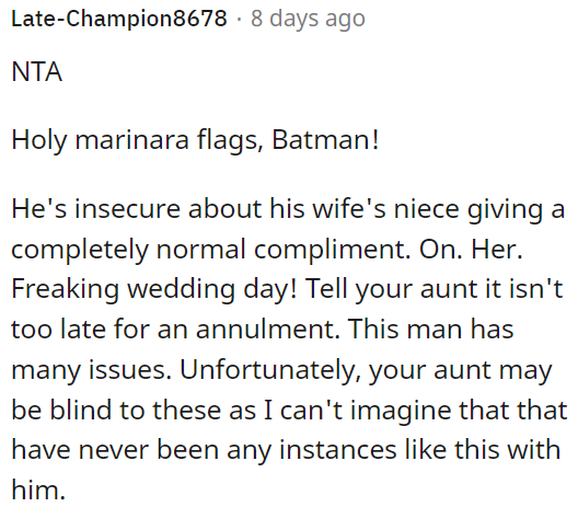 The aunt should consider an annulment due to the man's issues.