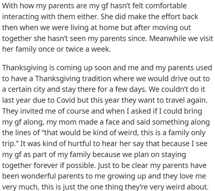 OP's parents exclude his girlfriend from the Thanksgiving trip, considering her not part of the family.