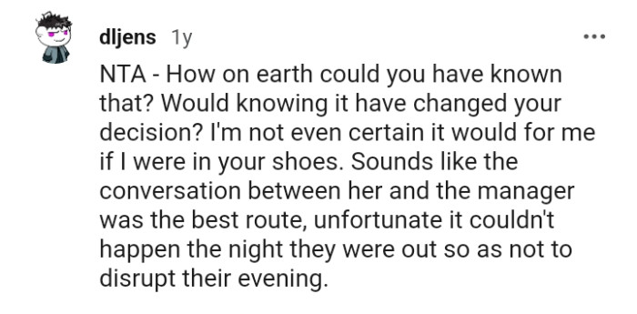 The conversation between her and the manager