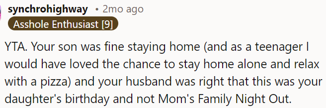 It was OP's daughter's birthday, not a family night out.