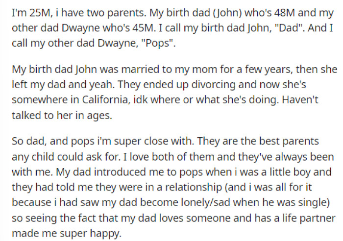 OP starts off his post by explaining the dynamic of his family and what's going on with his dads and girlfriend.