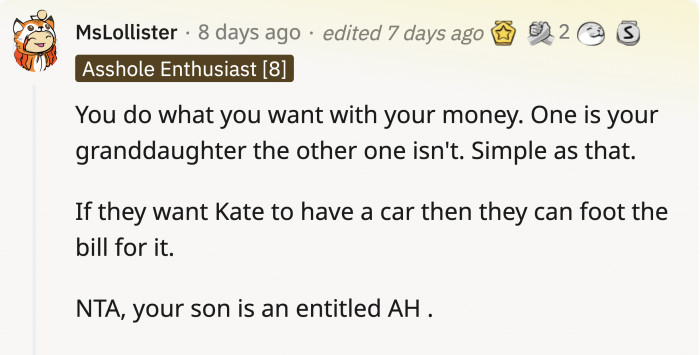 She doesn’t control what they do with their lives, but they choose to call out how she spends her money.