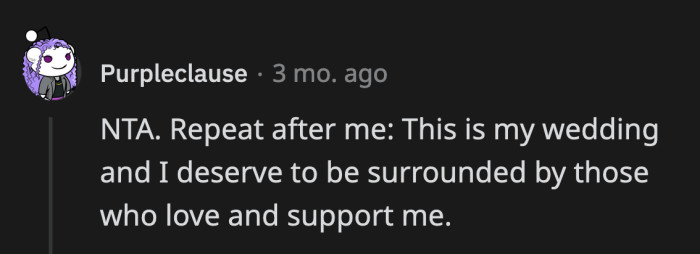 OP and Alex deserve to have the wedding they want. That's all that really matters at the end of the day.