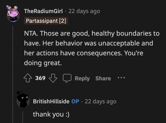 It's incredible how healthy OP's boundaries are at such a young age