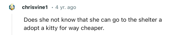 The mom could have just walked into a shelter and made her pick. So many cats need homes