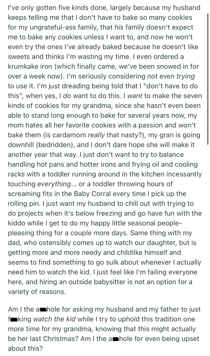 OP Needs Her Dad and Husband to Watch the Kids While She Upholds the Festive Tradition of Baking Some Traditional Norwegian Christmas Cookies for the Family