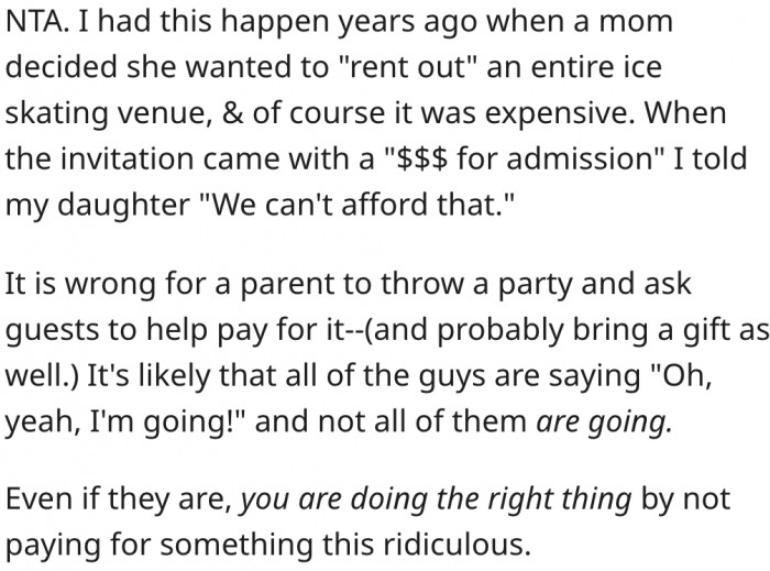 18. She is doing the right thing by refusing to pay for the party.