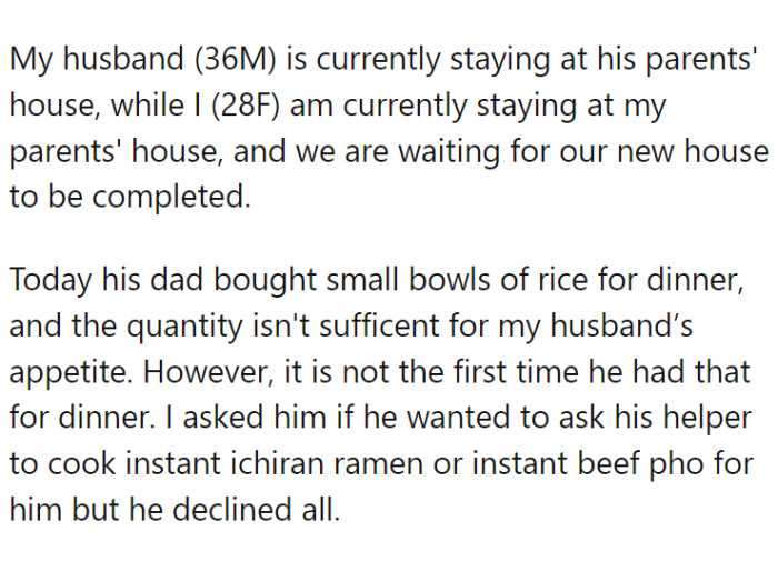 The couple living separately, temporarily staying at their respective parents' homes while awaiting the completion of their new abode
