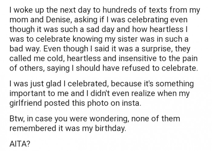 Unfortunately, the surprise 'celebration' didn't go down well with OP's mom and sister. They felt she was being inconsiderate, given that the family was still in a state of mourning.