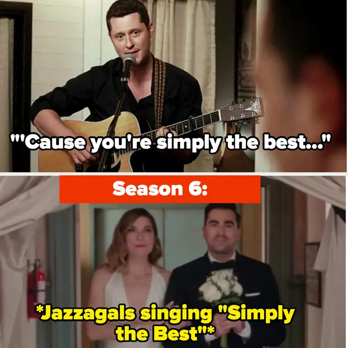 2. On Schitt's Creek, when the Jazzagals sang at David and Patrick's wedding, recalling back to Season 4 when Patrick serenaded David with the same song.