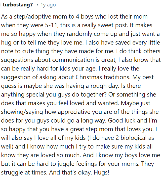 Spontaneous hugs are expressions of love.