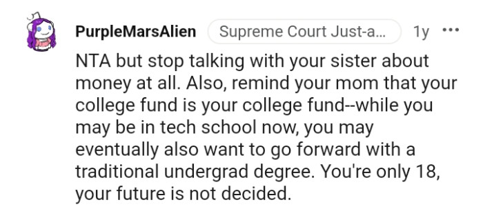 Reminding the mom that her college fund is her college fund