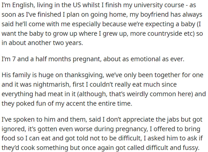 OP, a woman from England, is expecting a baby with her boyfriend and is facing difficulties related to his family.