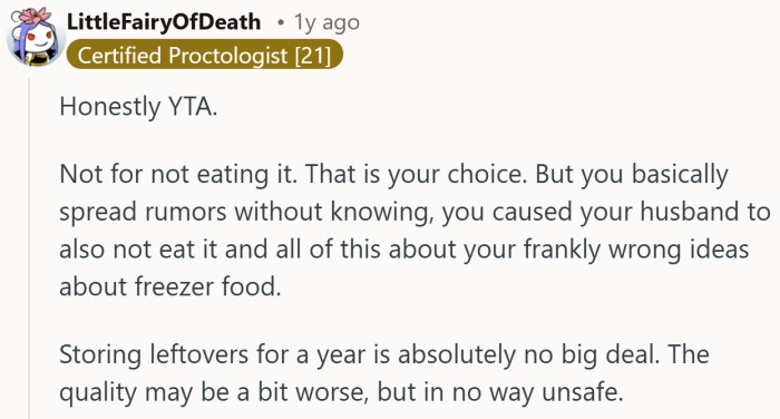 Another freezer defender steps in, gently roasting the idea that a year-old casserole is a danger instead of just a little tired.