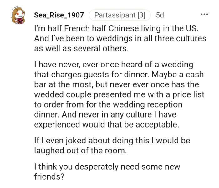 Have you ever heard of a wedding that charges guests for dinner?