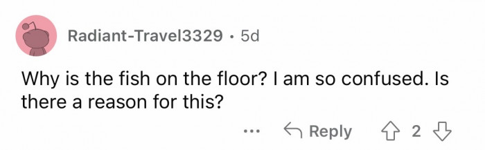 7. The intentions behind placing the fish on the floor are a big question mark.