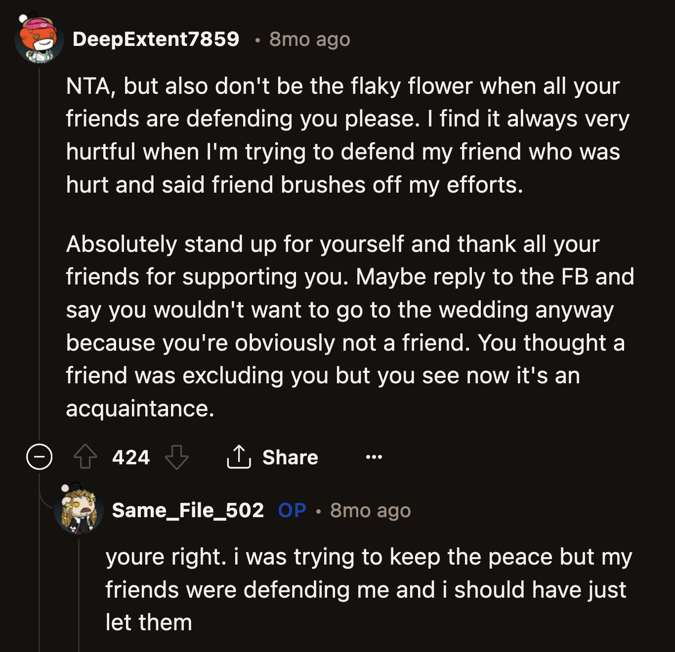 Other Redditors advised OP not to interfere with his friends' efforts to defend him against Kayla.