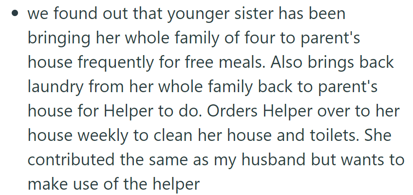 Younger sister benefits from parents' helper despite equal financial contribution.